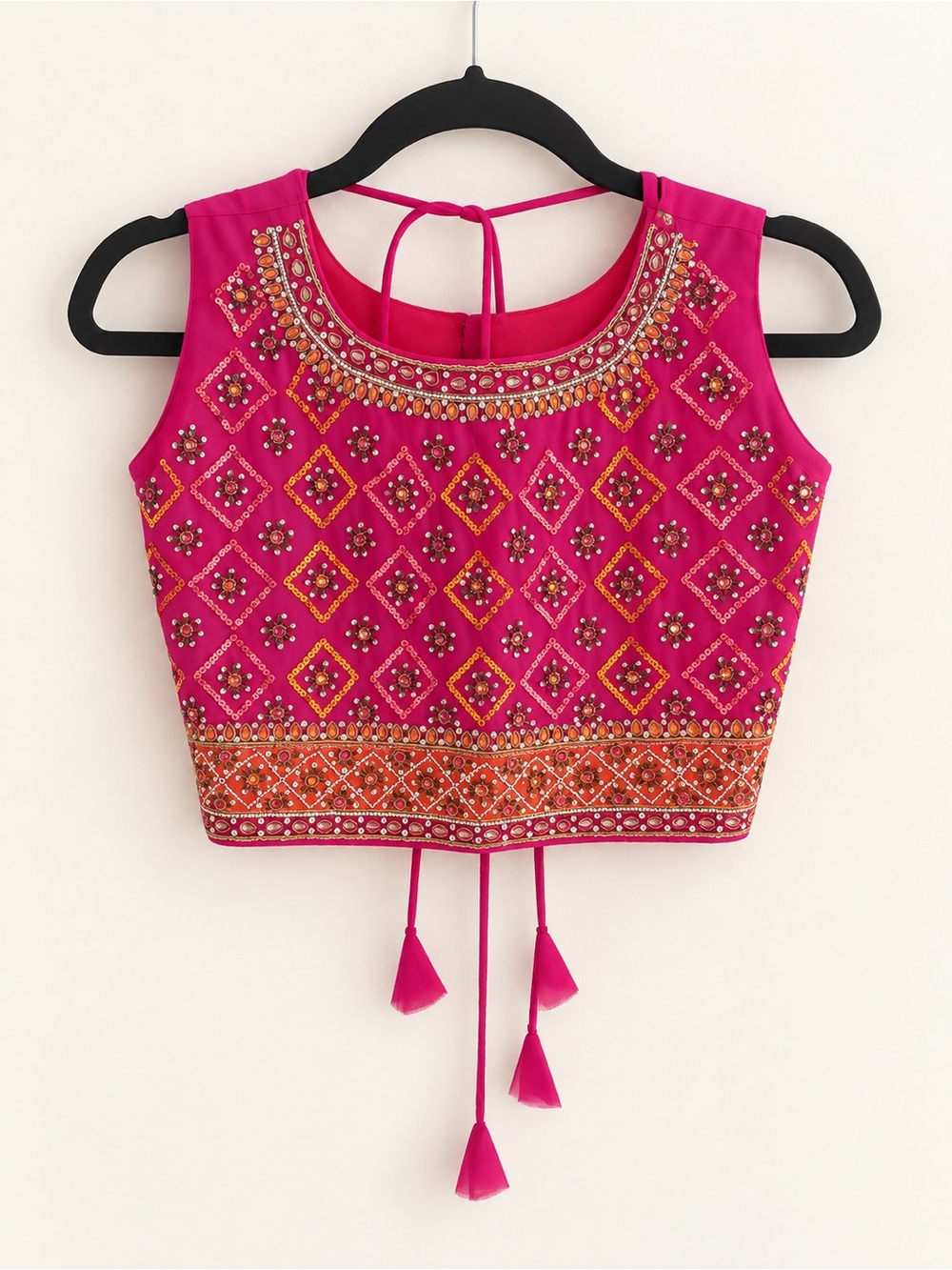 Hot Pink Embellished Indian Choli Blouse Sequin Beaded Crop Top Size 32